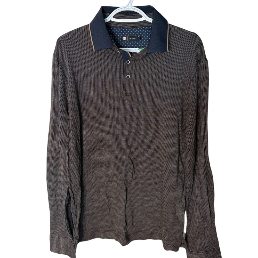 LE 31 PAR SIMONS New Long Sleeve Polo Shirt Buttons Navy Tan Collar Large